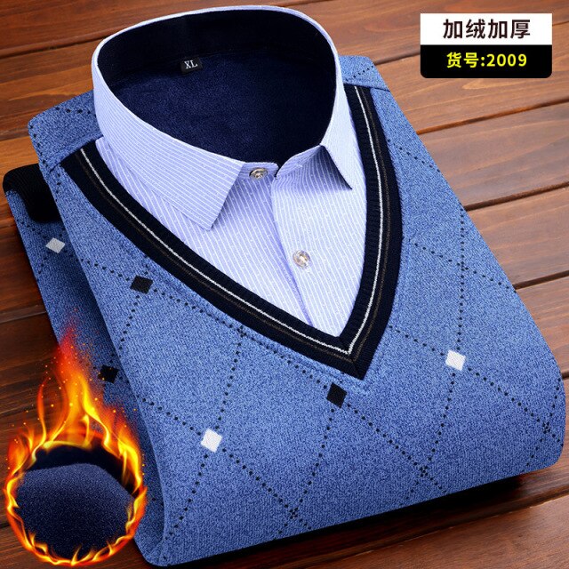 Autumn and winter men's plus fleece fake two warm shirts Youth business casual fashion sweater shirt Classic padded slim top 4XL