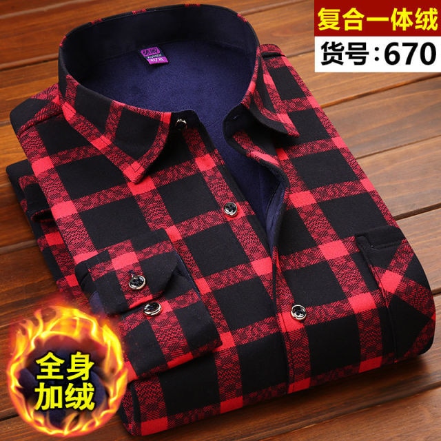 2021 Winter Mens Fashion Warm Long Sleeve Plaid Shirt Thick Fleece Lined Soft Casual Flannel Warm Dress Shirt Plus Size 5XL 6XL