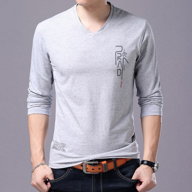 2021 New Fashion Brand T Shirt For Men Korean Boyfriend Gift Trending Tops Streetwear V Neck Print  Long Sleeve Tee Men Clothes