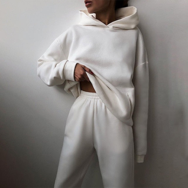 Women Elegant Solid Sets For Women Warm Hoodie Sweatshirts And Long Pant Fashion Two Piece Sets Ladies Lace Up Sweatshirt Suits