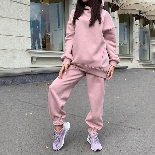 Women Elegant Solid Sets For Women Warm Hoodie Sweatshirts And Long Pant Fashion Two Piece Sets Ladies Lace Up Sweatshirt Suits