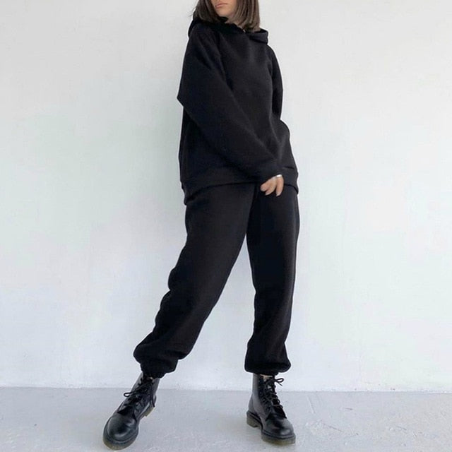 Women Elegant Solid Sets For Women Warm Hoodie Sweatshirts And Long Pant Fashion Two Piece Sets Ladies Lace Up Sweatshirt Suits