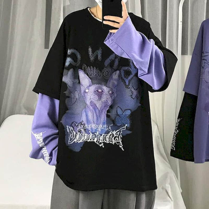 Autumn High Street Diablo Long-sleeved Men's Fake Two-piece T-shirt Male Students Korean Loose Clothes Trendy Men's Clothing