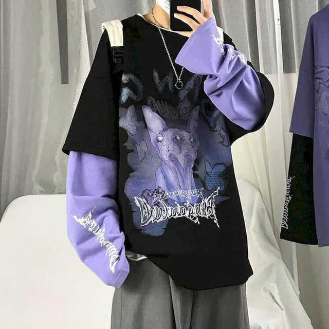 Autumn High Street Diablo Long-sleeved Men's Fake Two-piece T-shirt Male Students Korean Loose Clothes Trendy Men's Clothing