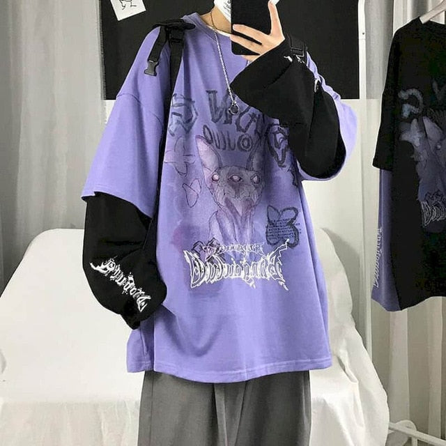 Autumn High Street Diablo Long-sleeved Men's Fake Two-piece T-shirt Male Students Korean Loose Clothes Trendy Men's Clothing