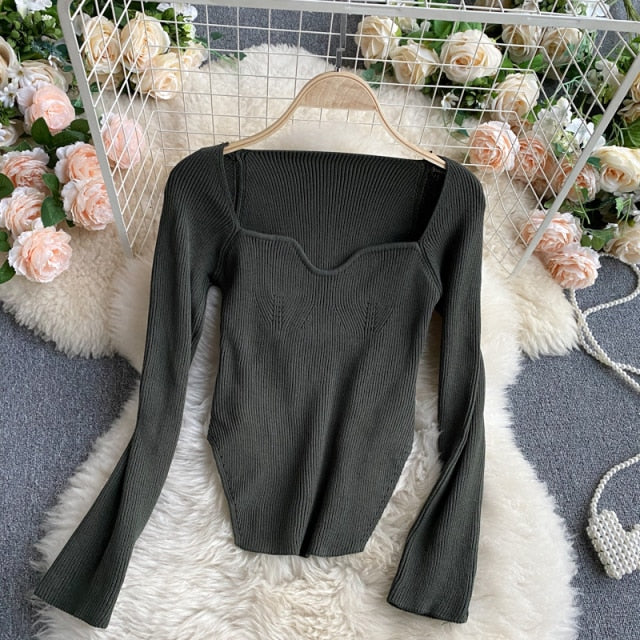 Square Collar Long Sleeve Woman Sweaters Knitted Pullover Women Spring Autumn Sweater Winter Tops For Women Black White Jumper