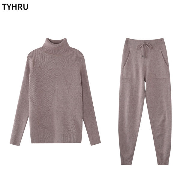 TYHRU Autumn Winter Women's tracksuit Solid Color Striped Turtleneck Sweater and Elastic Trousers Suits Knitted Two Piece Set