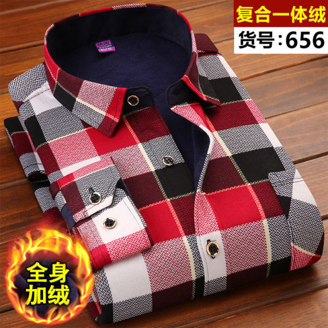 Winter Thick Velvet Dress Shirt For Men thermo Casual Long Sleeve Plaid Warm Fleece Lining Shirts Soft Flannel Plus Size L-6XL