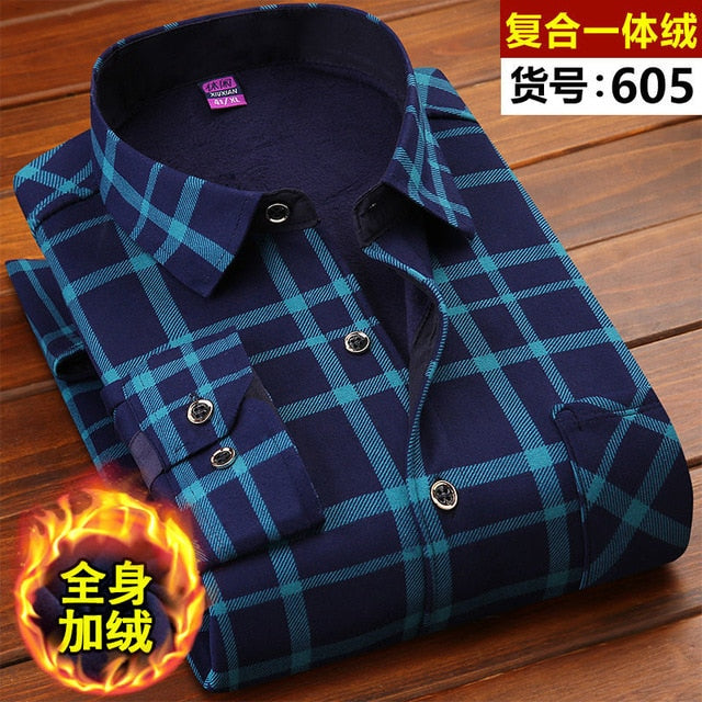 2021 Winter Mens Fashion Warm Long Sleeve Plaid Shirt Thick Fleece Lined Soft Casual Flannel Warm Dress Shirt Plus Size 5XL 6XL