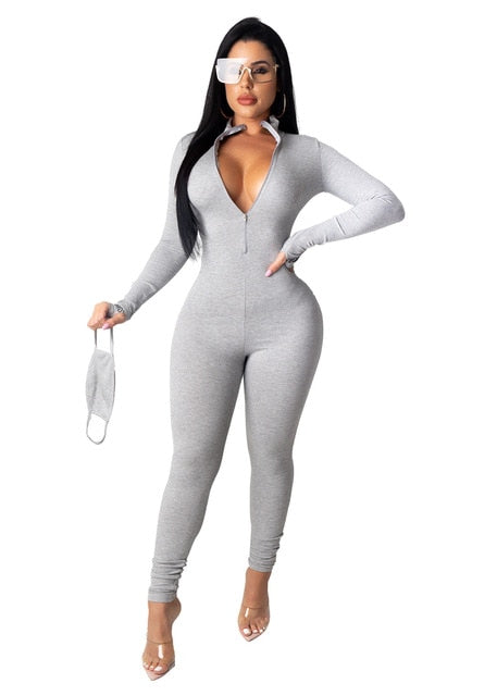 JRRY Casual Women Ribbed Jumpsuits Letters Sleeves Turtleneck Zippers Rib Bodysuit Skinny Raised Lines Pattern Outdoor Wear