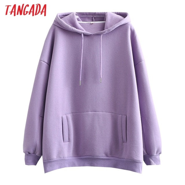 Tangada women fleece hoodie sweatshirts winter japanese fashion 2020 oversize ladies pullovers warm pocket hooded jacket SD60