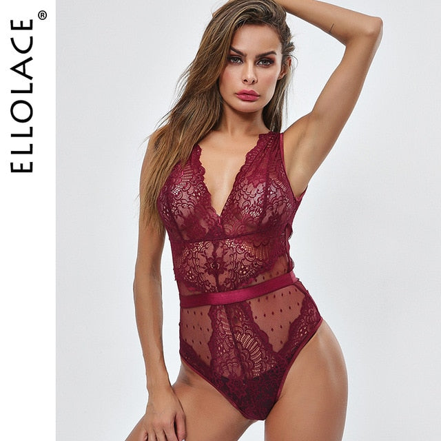 Ellolace Summer Lace Bodysuit Women Floral Embroidery Deep V Neck Sexy Bodysuit Dot Patchwork Jumpsuit Overalls 2019 Femlae Body