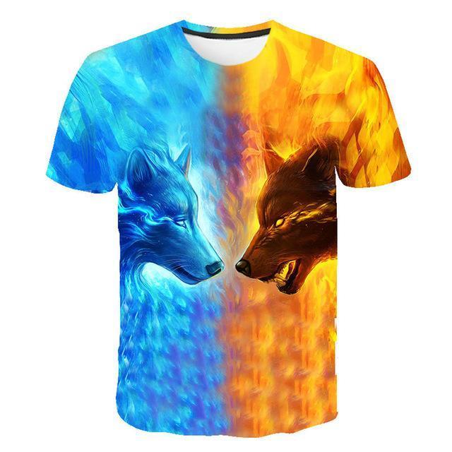 Summer T shirt Men Streetwear Round Neck Short Sleeve Tees Tops Funny Animal Male Clothes Casual Wolf 3D Print Tshirt