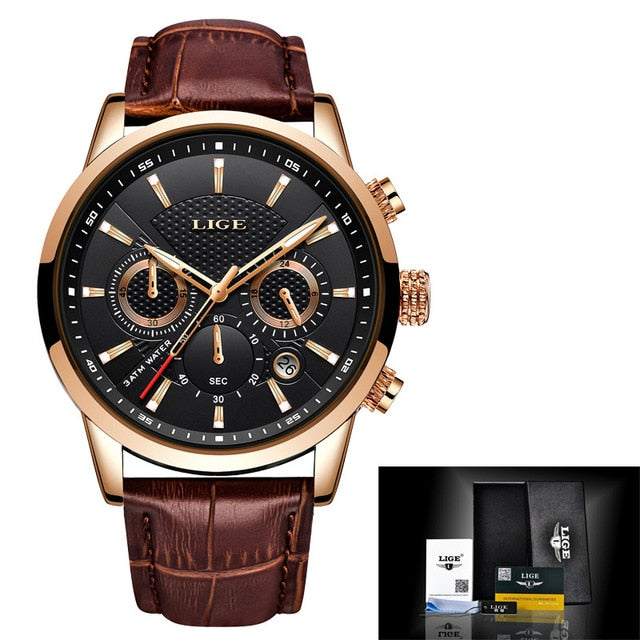 2021 New Mens Watches LIGE Top Brand Leather Chronograph Waterproof Sport Automatic Date Quartz Watch For Men Relogio Masculino