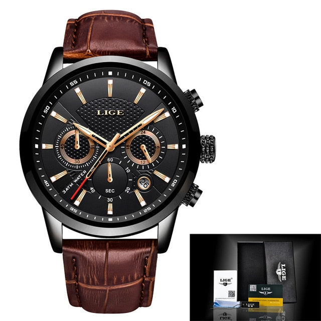 2021 New Mens Watches LIGE Top Brand Leather Chronograph Waterproof Sport Automatic Date Quartz Watch For Men Relogio Masculino