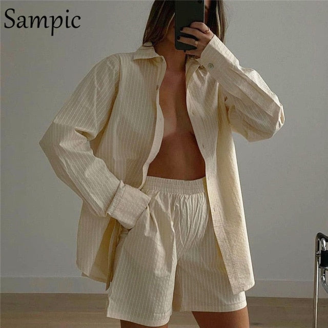 Sampic Loung Wear Tracksuit Women Shorts Set Stripe Long Sleeve Shirt Tops And Loose High Waisted Mini Shorts Two Piece Set 2021