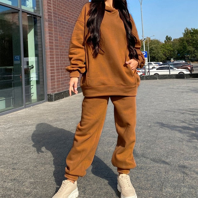 Women Elegant Solid Sets For Women Warm Hoodie Sweatshirts And Long Pant Fashion Two Piece Sets Ladies Lace Up Sweatshirt Suits