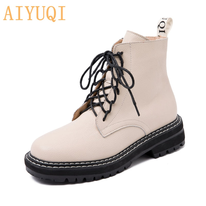 AIYUQI Women Shoes Boots Ankle 2021 Autumn British Wind Genuine Leather Thick With Fur Ladies Short Boots Motorcycle Martin