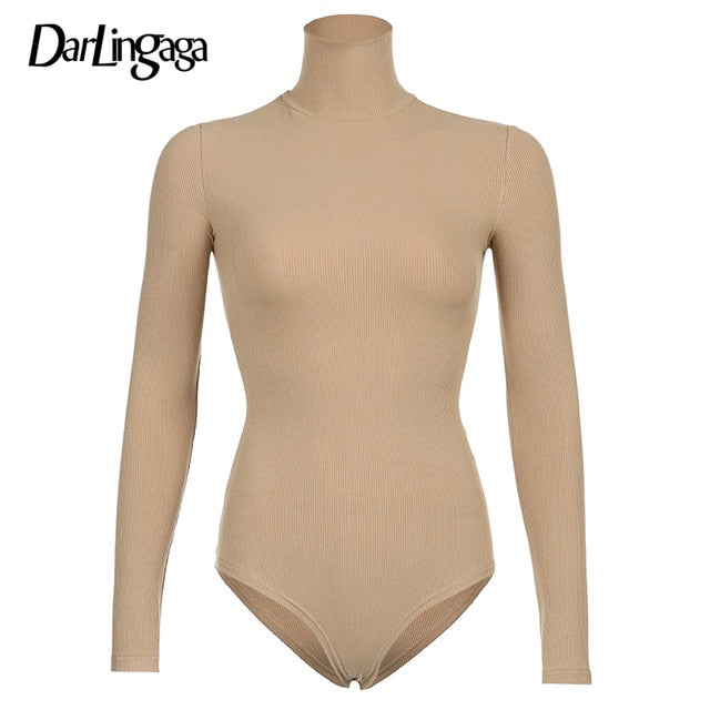 Darlingaga Casual Solid Skinny Turtleneck Long Sleeve Bodysuit Warm Basic Woman Body Fall Winter High Neck Sheer Bodysuits Slim