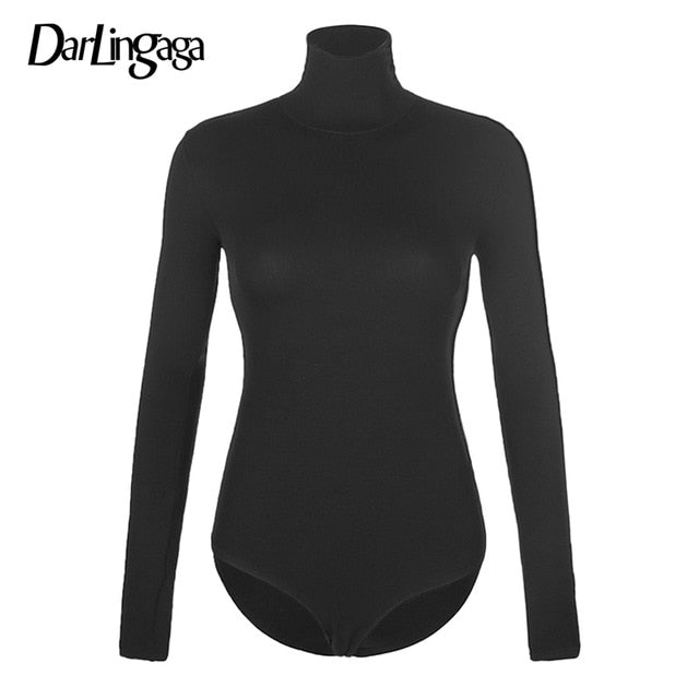 Darlingaga Casual Solid Skinny Turtleneck Long Sleeve Bodysuit Warm Basic Woman Body Fall Winter High Neck Sheer Bodysuits Slim