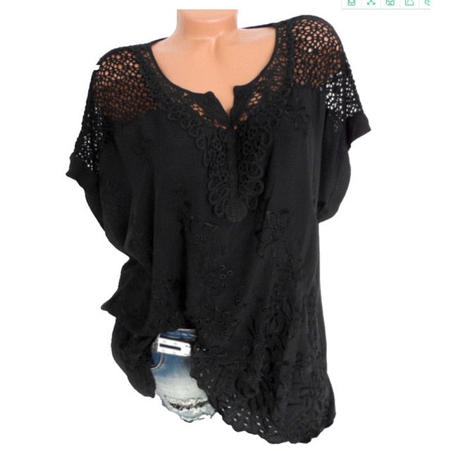 2021 Summer Short Sleeve Womens Blouses And Tops Loose White Lace Patchwork Shirt Plus Size 4xl 5xl Women Tops Casual Clothes