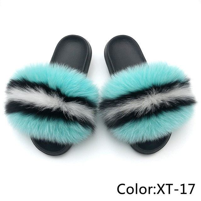 SARSALLYA Fur Slippers Women Real Fox Fur Slides Home Furry Flat Sandals Female Cute Fluffy House Shoes Woman Brand Luxury 2021