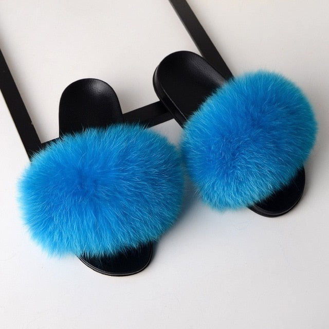 SARSALLYA Fur Slippers Women Real Fox Fur Slides Home Furry Flat Sandals Female Cute Fluffy House Shoes Woman Brand Luxury 2021