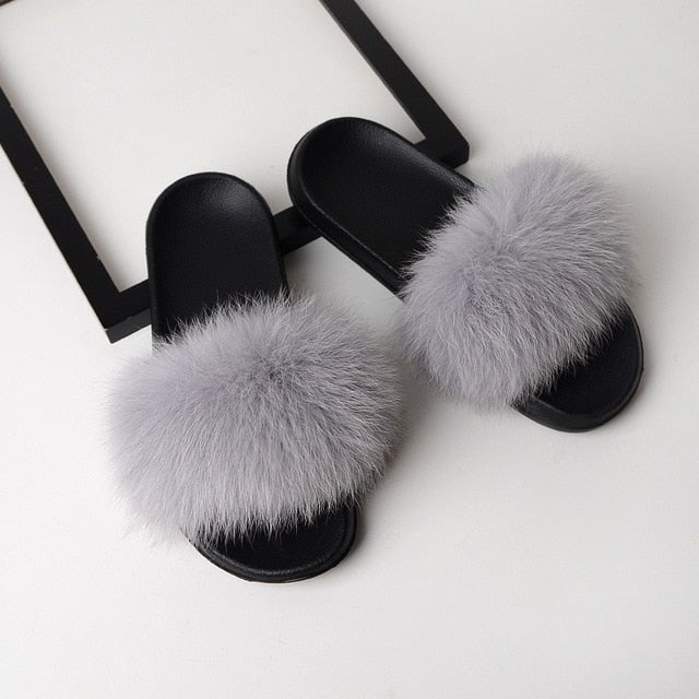 SARSALLYA Fur Slippers Women Real Fox Fur Slides Home Furry Flat Sandals Female Cute Fluffy House Shoes Woman Brand Luxury 2021