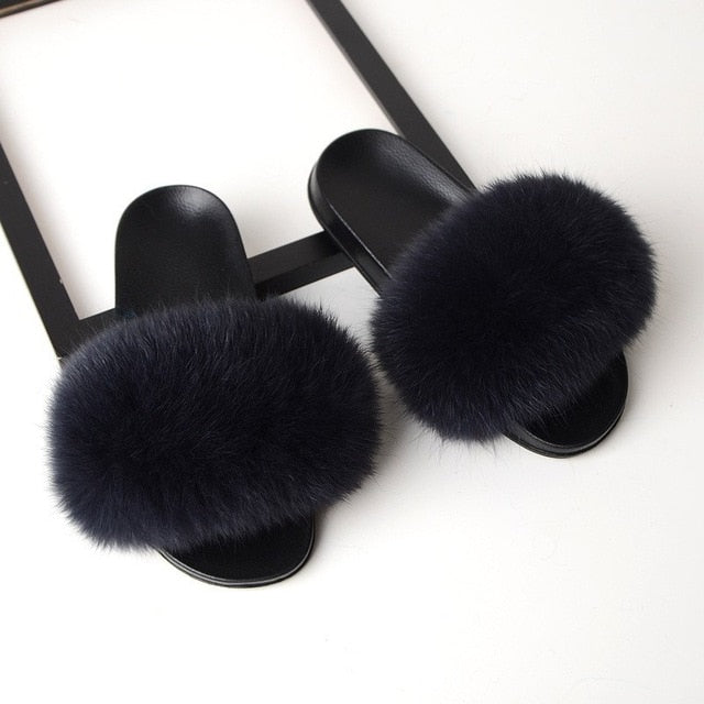 SARSALLYA Fur Slippers Women Real Fox Fur Slides Home Furry Flat Sandals Female Cute Fluffy House Shoes Woman Brand Luxury 2021