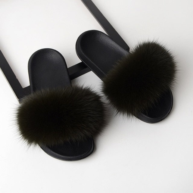 SARSALLYA Fur Slippers Women Real Fox Fur Slides Home Furry Flat Sandals Female Cute Fluffy House Shoes Woman Brand Luxury 2021