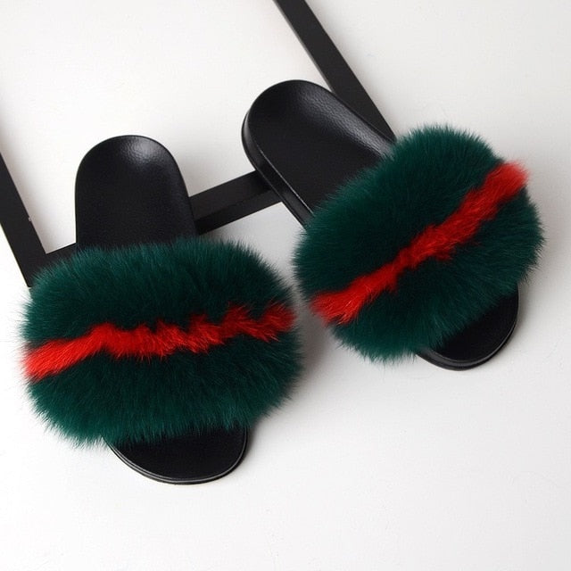 SARSALLYA Fur Slippers Women Real Fox Fur Slides Home Furry Flat Sandals Female Cute Fluffy House Shoes Woman Brand Luxury 2021