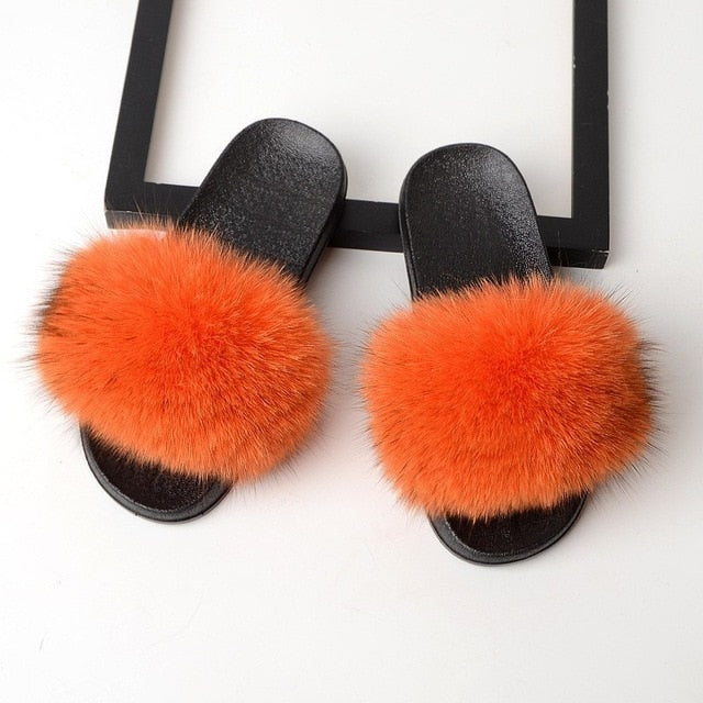 SARSALLYA Fur Slippers Women Real Fox Fur Slides Home Furry Flat Sandals Female Cute Fluffy House Shoes Woman Brand Luxury 2021