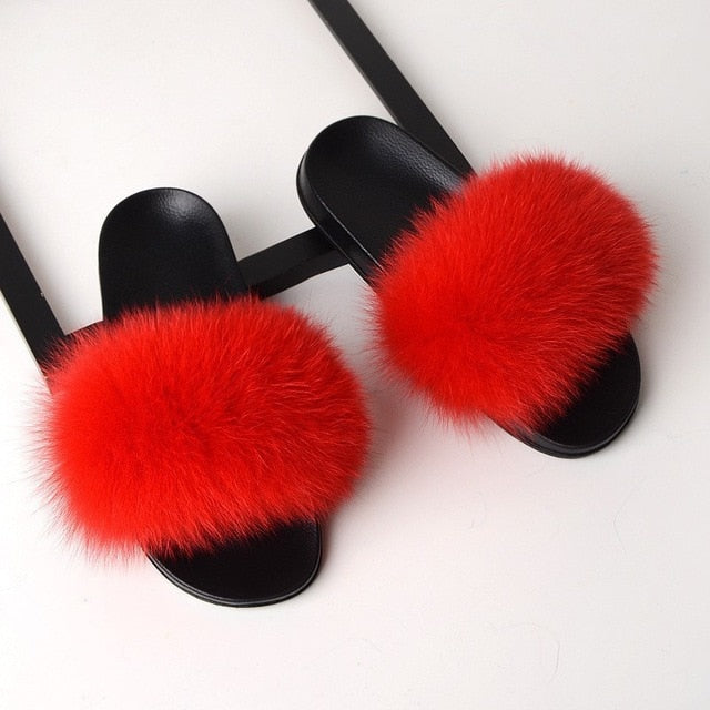 SARSALLYA Fur Slippers Women Real Fox Fur Slides Home Furry Flat Sandals Female Cute Fluffy House Shoes Woman Brand Luxury 2021