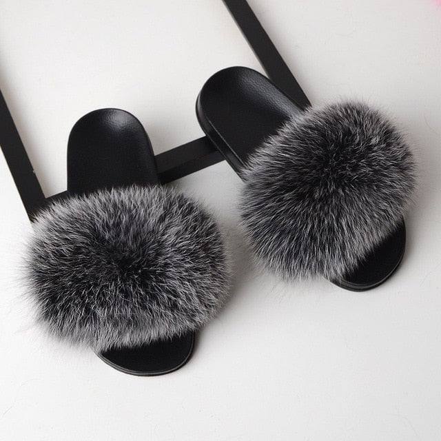 SARSALLYA Fur Slippers Women Real Fox Fur Slides Home Furry Flat Sandals Female Cute Fluffy House Shoes Woman Brand Luxury 2021