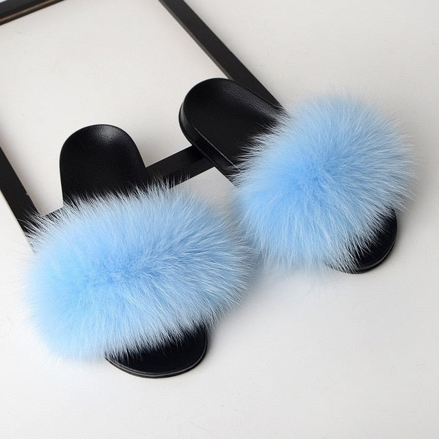 SARSALLYA Fur Slippers Women Real Fox Fur Slides Home Furry Flat Sandals Female Cute Fluffy House Shoes Woman Brand Luxury 2021