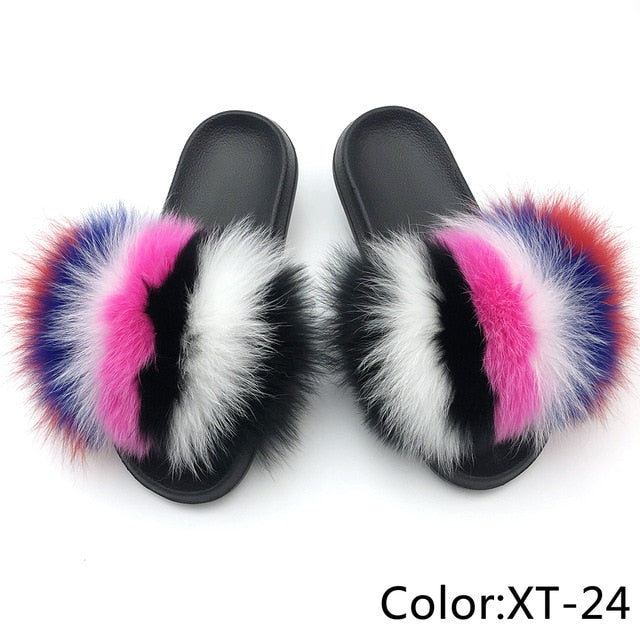 SARSALLYA Fur Slippers Women Real Fox Fur Slides Home Furry Flat Sandals Female Cute Fluffy House Shoes Woman Brand Luxury 2021