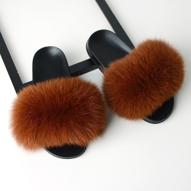 SARSALLYA Fur Slippers Women Real Fox Fur Slides Home Furry Flat Sandals Female Cute Fluffy House Shoes Woman Brand Luxury 2021