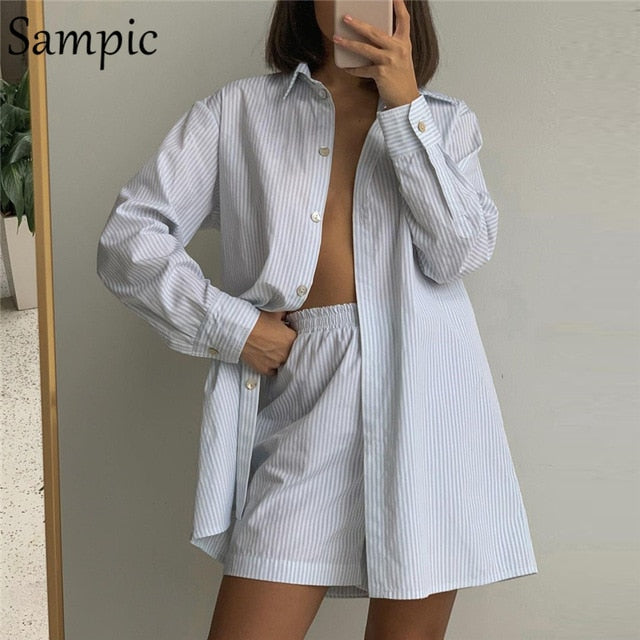 Sampic Loung Wear Tracksuit Women Shorts Set Stripe Long Sleeve Shirt Tops And Loose High Waisted Mini Shorts Two Piece Set 2021