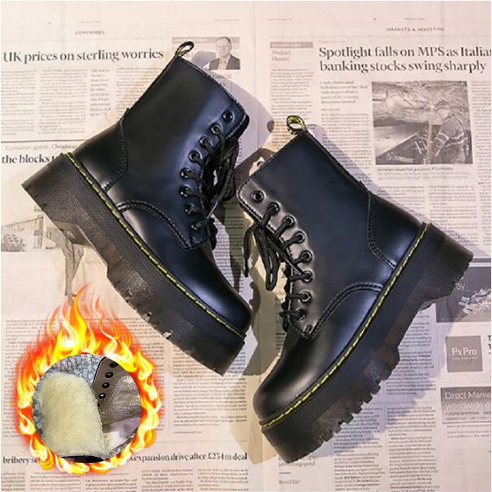 2020 Motorcycle Women's Boots Winter Soft Leather Shoes Black Botas Wedges Female Lace Up Platforms Women White Botas Mujer