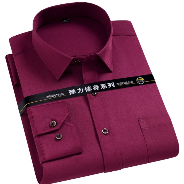 Men's Strech Solid Dress Shirt Anti-Wrinkle Long Sleeve Plain Casual Shirts Male Regular Fit Non-iron Easy Care Work Clothes Man