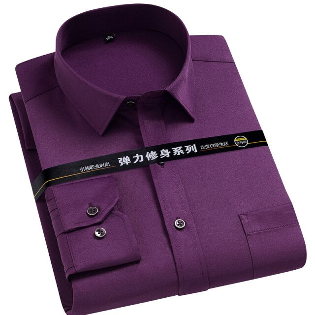 Men's Strech Solid Dress Shirt Anti-Wrinkle Long Sleeve Plain Casual Shirts Male Regular Fit Non-iron Easy Care Work Clothes Man