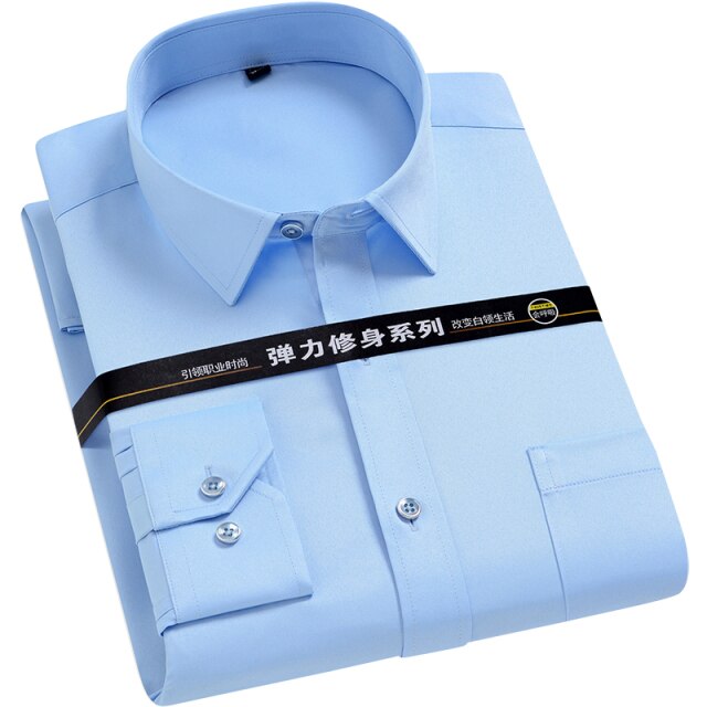 Men's Strech Solid Dress Shirt Anti-Wrinkle Long Sleeve Plain Casual Shirts Male Regular Fit Non-iron Easy Care Work Clothes Man