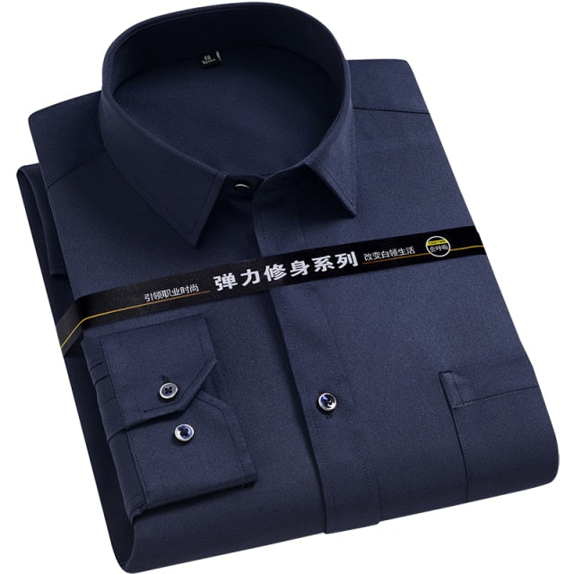 Men's Strech Solid Dress Shirt Anti-Wrinkle Long Sleeve Plain Casual Shirts Male Regular Fit Non-iron Easy Care Work Clothes Man