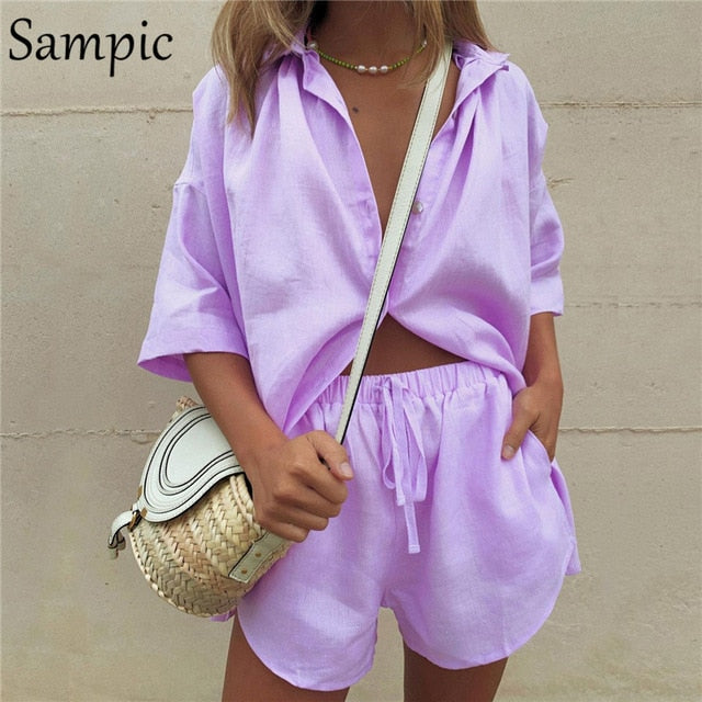 Sampic Summer Tracksuit Women 2021 Lounge Wear Shorts Set Short Sleeve Shirt Tops And Loose Mini Shorts Suit Two Piece Set