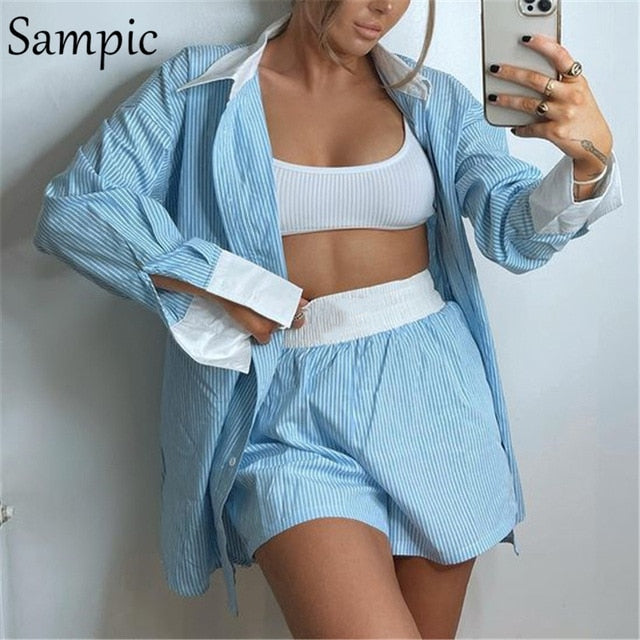 Sampic Loung Wear Tracksuit Women Shorts Set Stripe Long Sleeve Shirt Tops And Loose High Waisted Mini Shorts Two Piece Set 2021