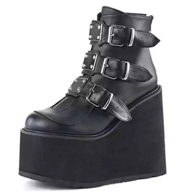 Winter Buckle Ankel Boots Women Punk Female Platform Boots Wedges High Heels PU Women Boots Botas Mujer Plus Size