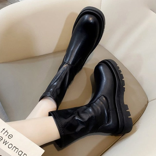 Women Boots Ladies Shoes Slip on Ankle Mid Calf Boots Platform Non Slip PU Leather Soft New Footwear Woman Fashion Spring