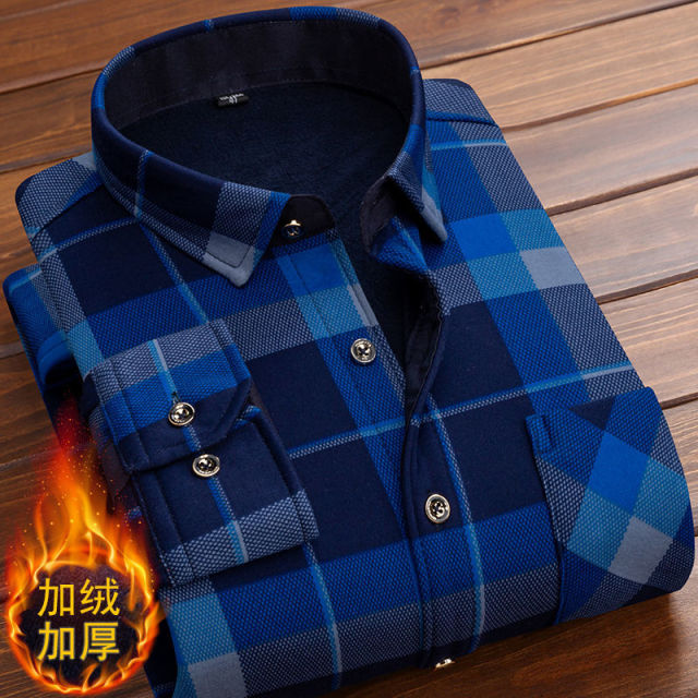 Formal Shirt For Men 2020 Long Sleeve Fleece Warm Plaid Oversized Plaid Collar Shirt Winter Velvet Clothing warm Plaid shirt 5XL