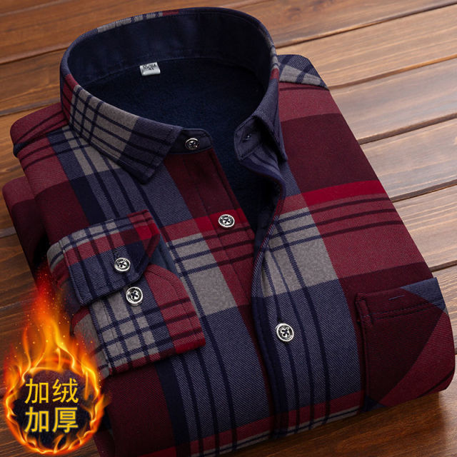 Formal Shirt For Men 2020 Long Sleeve Fleece Warm Plaid Oversized Plaid Collar Shirt Winter Velvet Clothing warm Plaid shirt 5XL