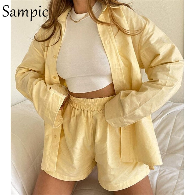 Sampic Loung Wear Tracksuit Women Shorts Set Stripe Long Sleeve Shirt Tops And Loose High Waisted Mini Shorts Two Piece Set 2021